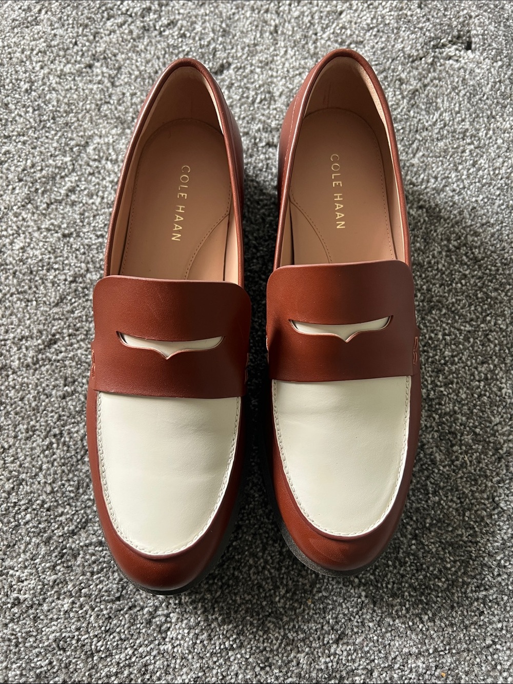 Cole Haan  Brown and Cream Leather Penny Loafers
